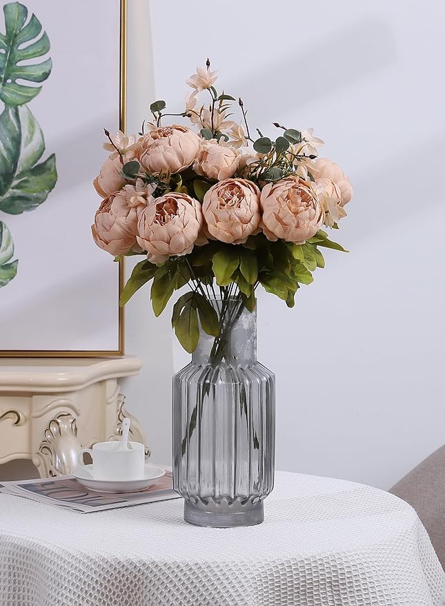 Duovlo Artificial Peony Silk Flowers Fake Flowers Vintage Wedding Home Decoration,Pack of 1 (Light Champagne)