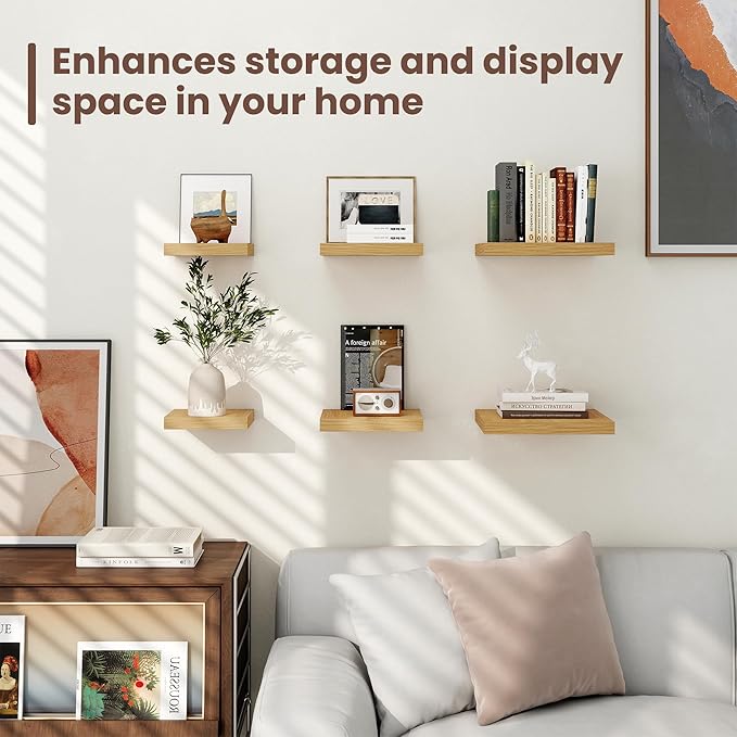 Fun Memories Square Floating Shelves for Wall - 9.3 Inch Deep Floating Shelves with Invisible Brackets, Oak Small Wall Shelf for Living Room, Bathroom, Bedroom, and Kitchen Decor,Set of 4