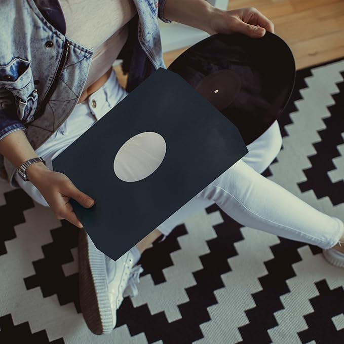 YVW 50Pcs Vinyl Record Inner Sleeves, Black Kraft Paper Record Sleeves with Poly Lined for 12" Records, Comer Cut Design Acid Free Album Covers, Vinyl Record Album Covers LP Jacket Protective