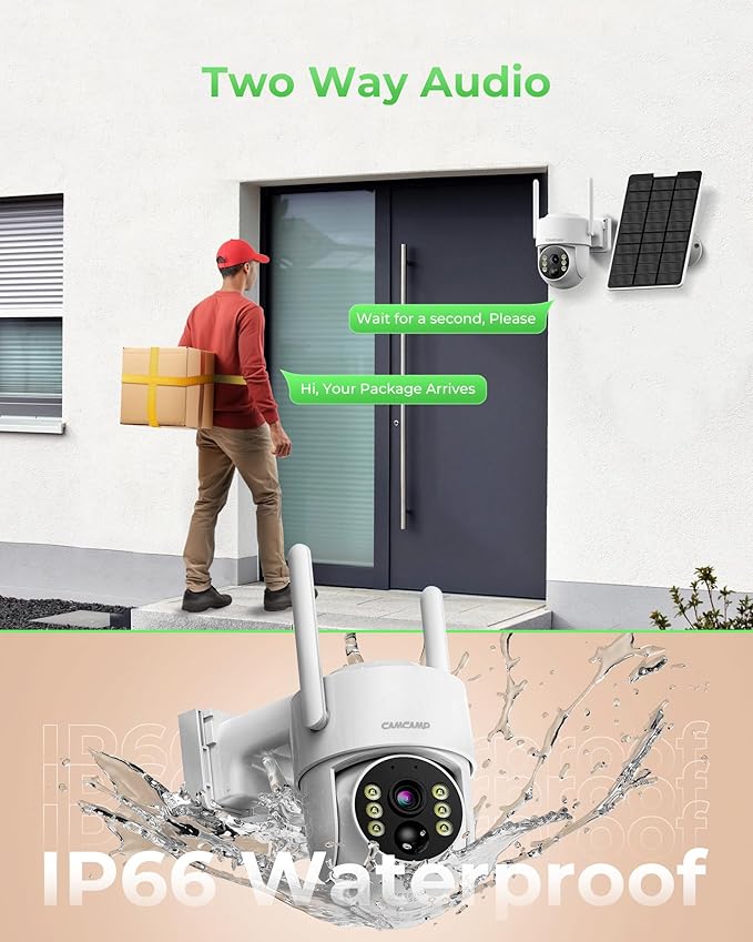 CAMCAMP Solar Security Cameras Outdoor Wireless with 10" 10CH Monitor, 2 Cam-Kit, No Subscription, Solar-Powered, Home Security Cameras System with 360° Pan & Tilt, 2K Color Night Vision, HDMI Output