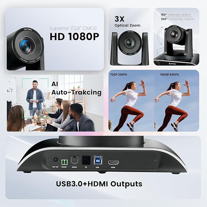 TONGVEO All-in-One Conference Room Video Camera System Al Auto-Tracking HD1080P 60fps 3X Optical Zoom USB3.0 HDMI PTZ Camera and Bluetooth Conference Speakerphone with Microphones
