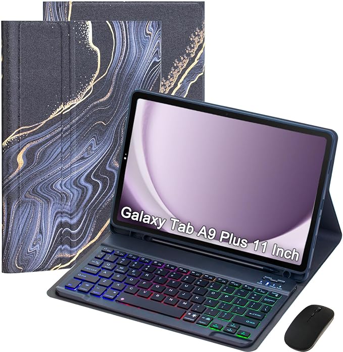 Keyboard Case for Samsung Galaxy Tab A9+/A9 Plus 11 Inch 2023 (SM-X210/X216/X218), Detachable Color Backlit Bluetooth Keyboard and Mouse, Lightweight Stand Cover with Pen Holder (Black Marble)
