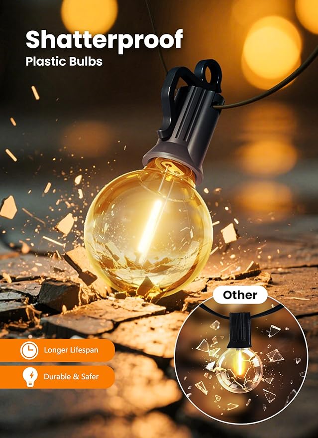LED Outdoor String Lights, 25FT 12+1 Shatterproof Bulbs Outdoor Patio Lights, IP65 Waterproof Connectable Hanging Outside Light for Backyard, Porch, Deck, Balcony, 2200K