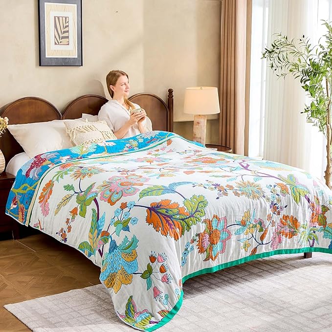 Summer Throw Blanket, 90"x98" Reversible Bohemian Flower Blanket, 100% Cotton Muslin Breathable Woven, Farmhouse Decorative Throw Blanket
