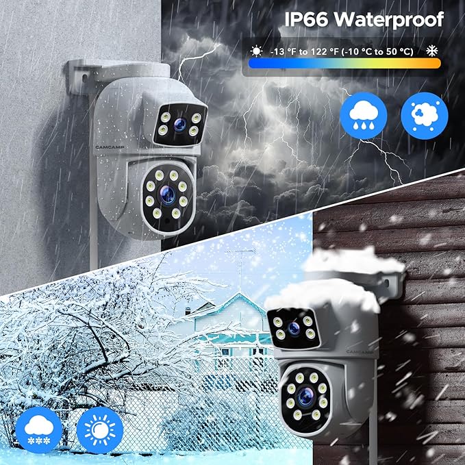 CAMCAMP POE Security Camera System,Dual Lens Wired Security Camera System Outdoor,4pcs 2-in-1 Cameras,2-Way Audio,Auto Tracking,PTZ, Color Night Vision, 8CH NVR with 500GB HDD for 24/7 Recording