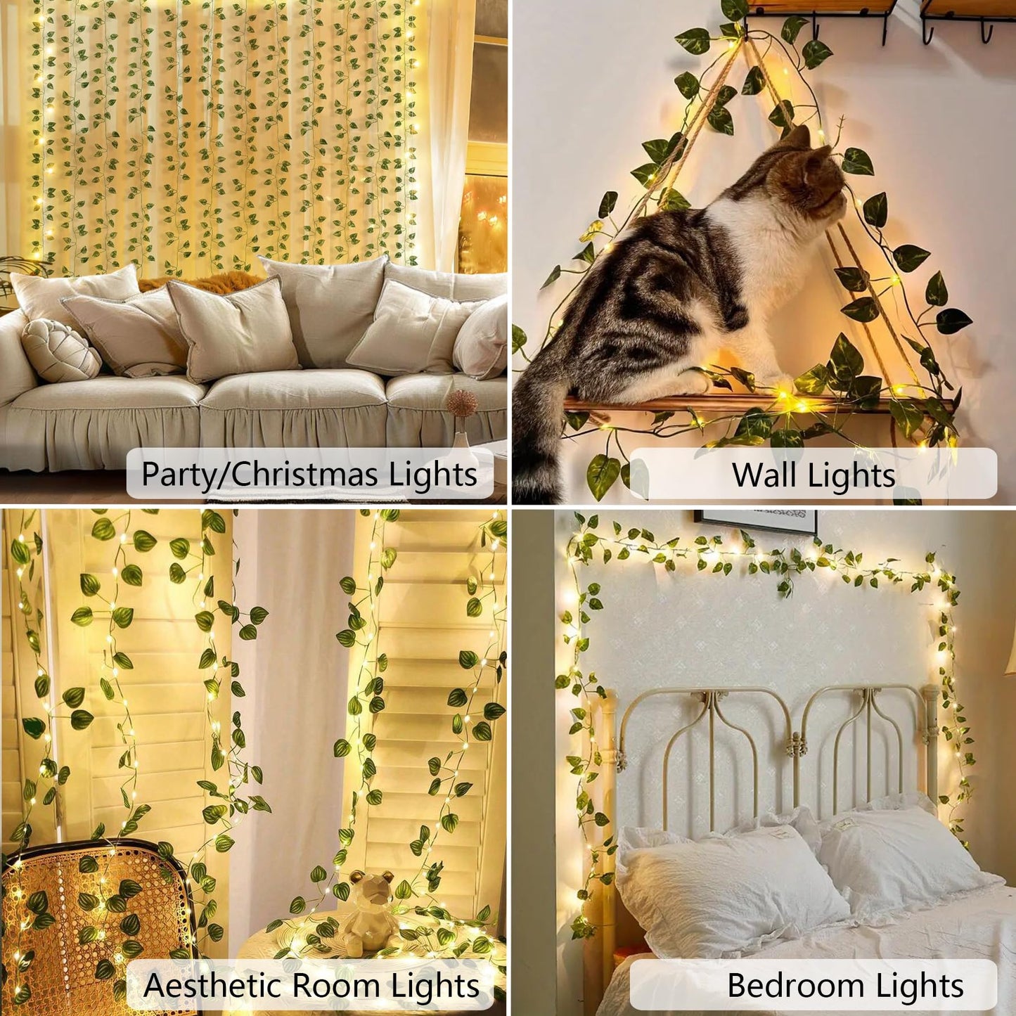 MVOVM LED Fairy Lights Vine, 20 Lights, 6.6ft Pothos Garland, Green, Artificial Hanging Plant Decor for Bedroom, Wedding, Party