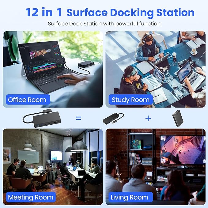 Surface Docking Station, 12-in-1 Surface Dock Triple Displays Dual HDMI 4K@60HZ+VGA, Surfac-e Pro Docking Station with Power Supply for Surfac Pro 11/10/9/8/X/7/6/5/4/3, Book, Laptop, Go Dock