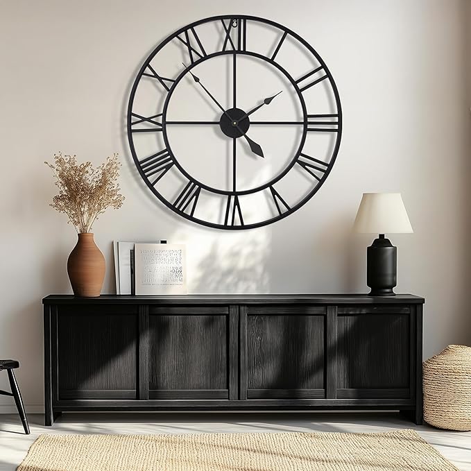 40 Inch Large Wall Clock, Oversized Modern Round, Black Metal, Noiseless, Almost Non-Ticking Battery Operated, Roman Numerals, Clocks for Living Room, Bedroom, Wall Clock Decoration