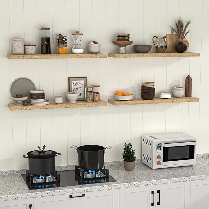 Fun Memories Floating Shelves for Wall Decor, 55"x8" Rustic Reclaimed Wood Shelves, Heavy-Duty Wall Mounted Shelves with Invisible Brackets for Living Room, Bedroom, Kitchen, Natural Finish