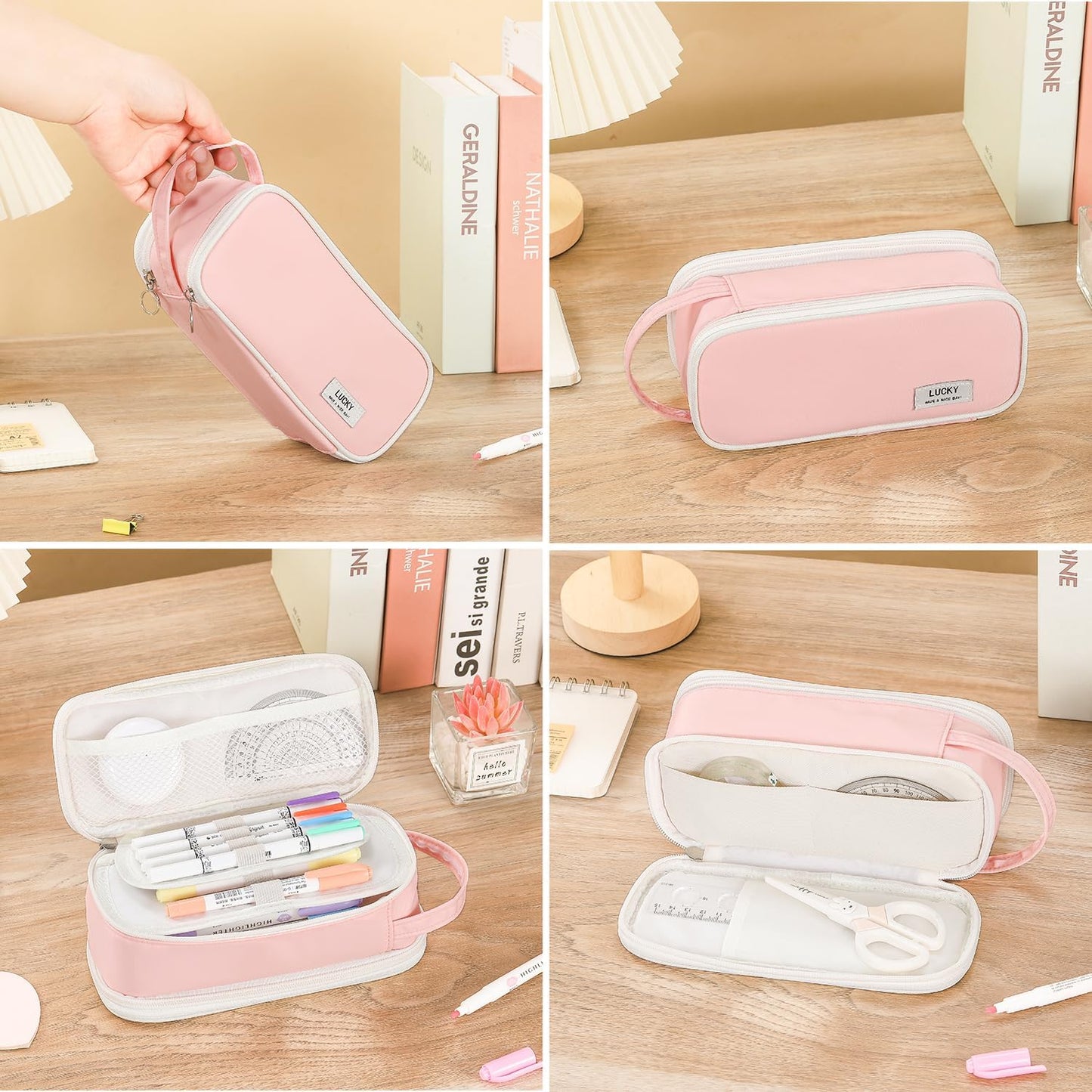 Pencil Case Large Zipper Pencil Pouch for Girls Kids Teens Adults Aesthetic Pencil Bag Stationery Organizer Pencil Case with Handle for School Pink
