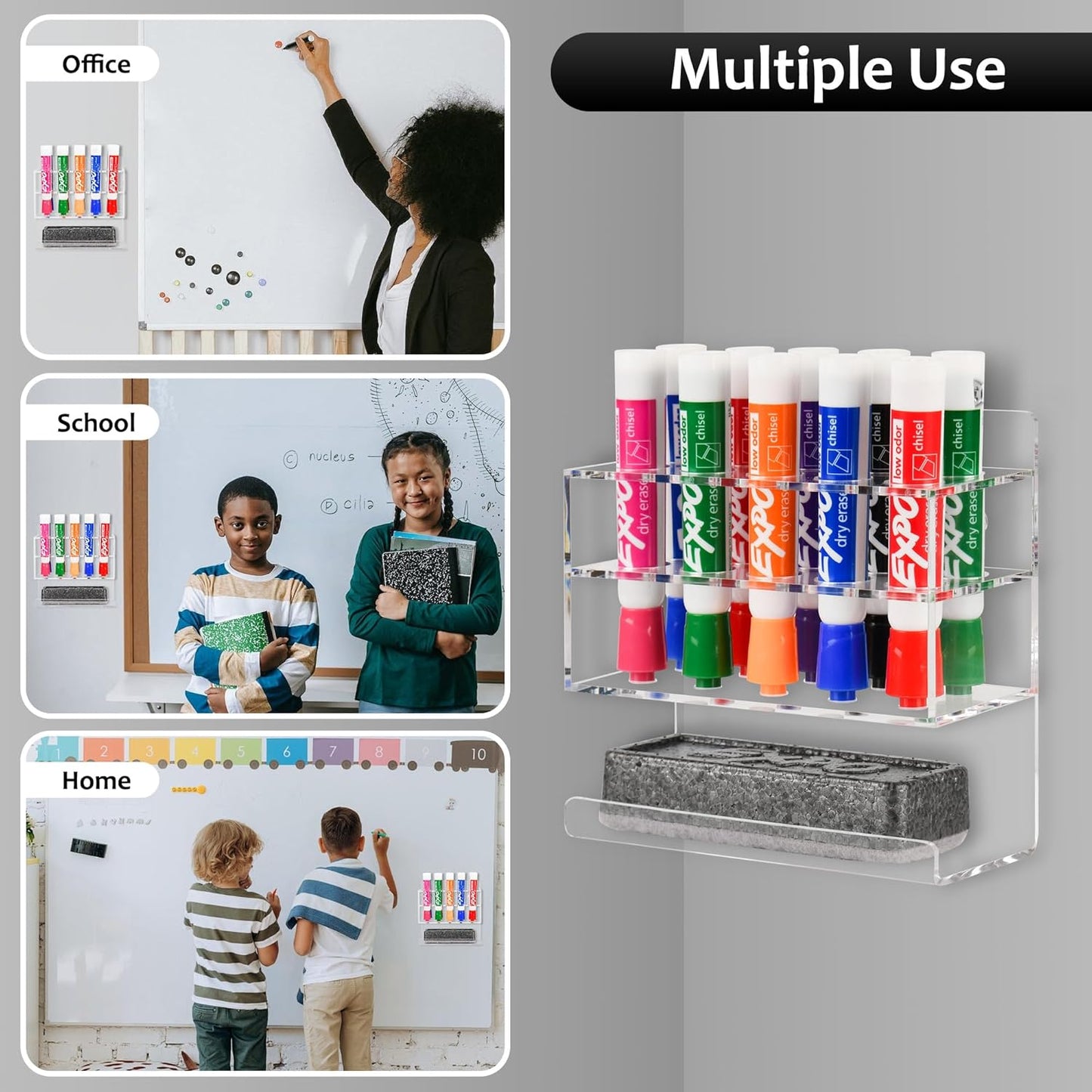 Dry Erase Marker Holder, 2 PCS Wall Mounted Acrylic Marker Holder with 10 Slots, Sticky Pen Storage for Classroom Organization, Whiteboard, Office, Clear