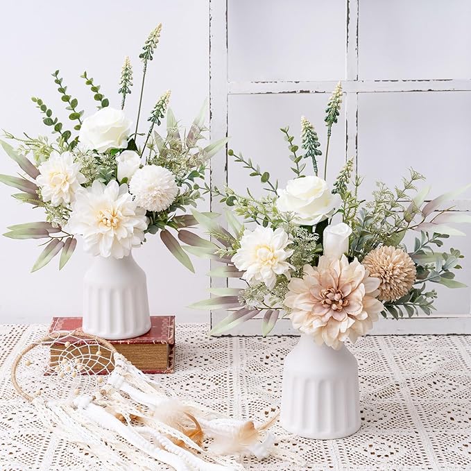 Fake Flowers in Vase, Artificial Flowers with Vase, 15.7'' Floral Arrangements for Dining Table Centerpiece Decor, Silk Roses & Faux Dahlia Bouquet for Farmfouse Kitchen Coffee Table Decor (Brown)