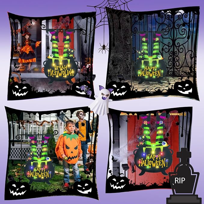 Halloween Lighted Garden Flag for Outside, Witch Feet Shape Flag Yard Decor, 8 Modes 12x18 Double Sided Cauldron Eyeball Black Cat Outdoor Hlloween Decorations for Home Porch(Warm White-12x18)