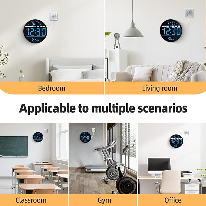 Digital Wall Clock, 8'' Round Digital Clock with Large Display, 11RGB Colors,Remote Control, Auto-Brightness,Temperature,DST,Night Light, Alarm, Count Down Timer for Classroom/Bedroom/Office