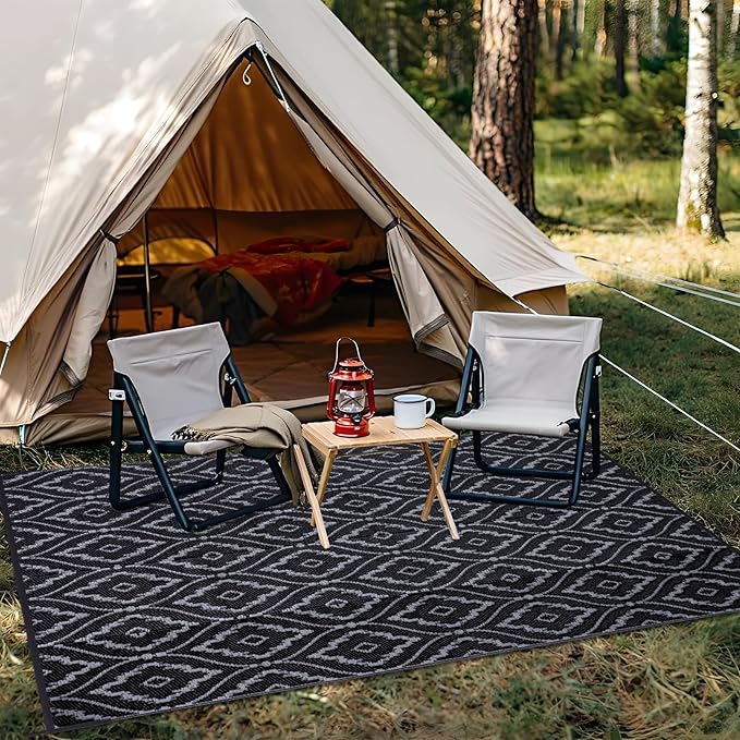 OLANLY Outdoor Rug 9x12 ft Waterproof, Outdoor Plastic Straw Rug with Geometric Pattern Clearance, Reversible RV Mat for Patio, Camping, Balcony, Deck, Backyard, Black & Grey