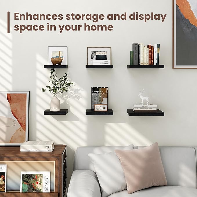 Fun Memories Floating Shelves for Wall - 7.5 Inch Square Shelves with Invisible Brackets, Black Small Wall Shelf for Living Room, Bathroom, Bedroom, and Kitchen Decor,Black Set of 3