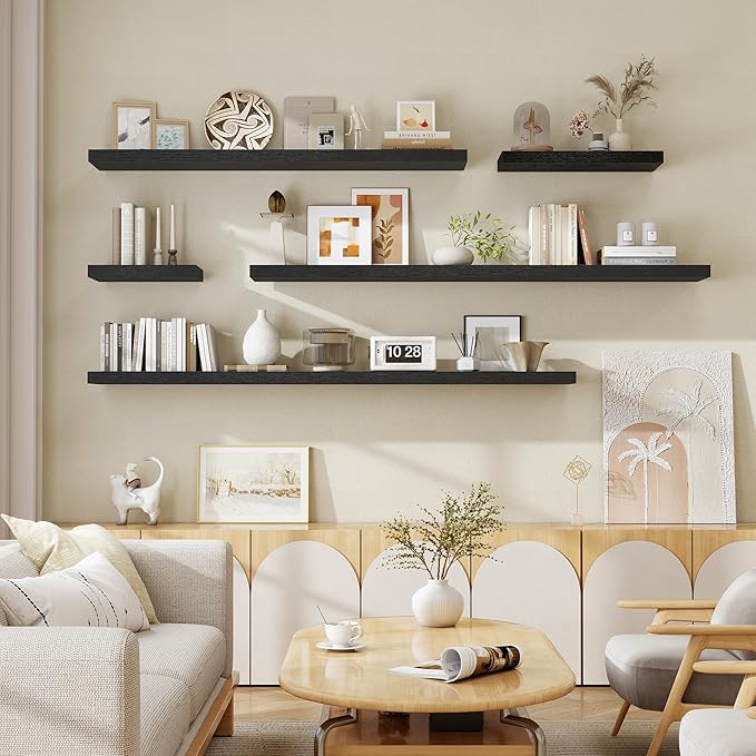 Fun Memories 55 Inch Floating Shelves for Wall, Fireplace Mantel Shelf with Invisible Heavy Duty Bracket, 8 Inch Deep Storage Shelf for Living Room, Kitchen, Farmhouse, Black