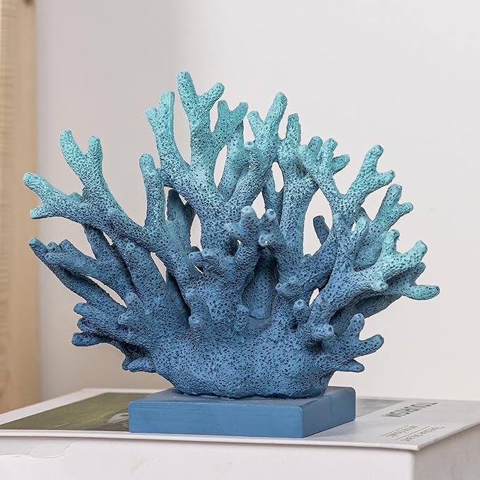 5.8" H Blue Coral Decor, Resin Coral Statue, Nautical Decorations for Home, Beach/Coastal/Ocean Themed Cabinet Shelf Tabletop Decor