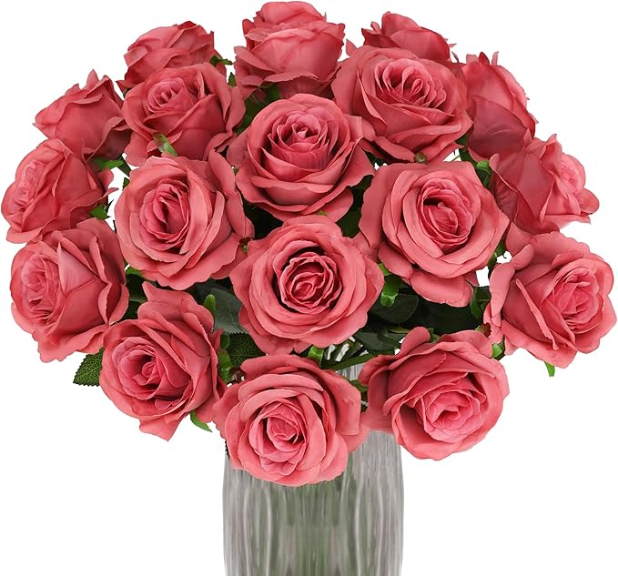 Pink Fake Roses Artificial Flowers - 16 Pcs Fake Artificial Roses Silk Flowers with Stems for Home Wedding Hotel Office Centerpiece Decor(Coral Pink)