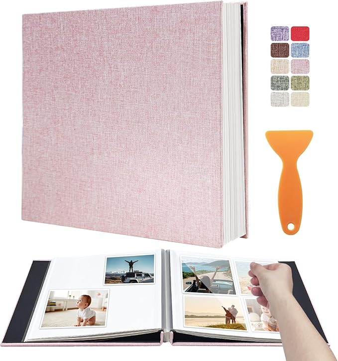 Large Photo Album Scrapbook, Holds 4x6, 8x10 Pictures, Self-Adhesive Pages for Baby, Wedding, Travel & Family Memories, Includes Metallic Pen & Scraper, Light Pink DIY Memory Book for Gifts