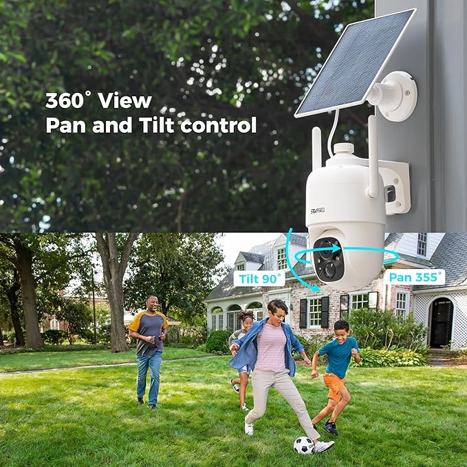 SOVMIKU 4CQ1 AI 2K Solar Security Camera Wireless Outdoor, Battery Powered, Two Way Audio, PIR Motion Detection, 360ยฐ View Pan/Tilt,Easy to Setup, Color Night Vision, Audible Flashlight Siren,SD Slot