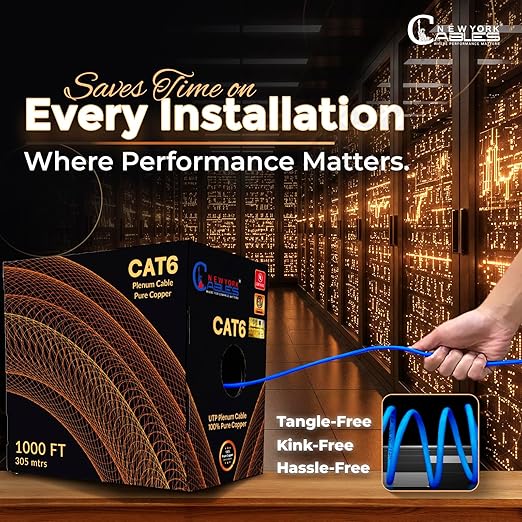 NewYork Cables | CAT6 Plenum Cable 1000ft UL/ETL Listed, 100% Pure Copper, UTP, 550MHz, 23AWG, 4Pair 10GB Ethernet Cable | Certified CMP-Rated Fire-Resistant (1000ft, Pure Copper UL Listed, Blue)