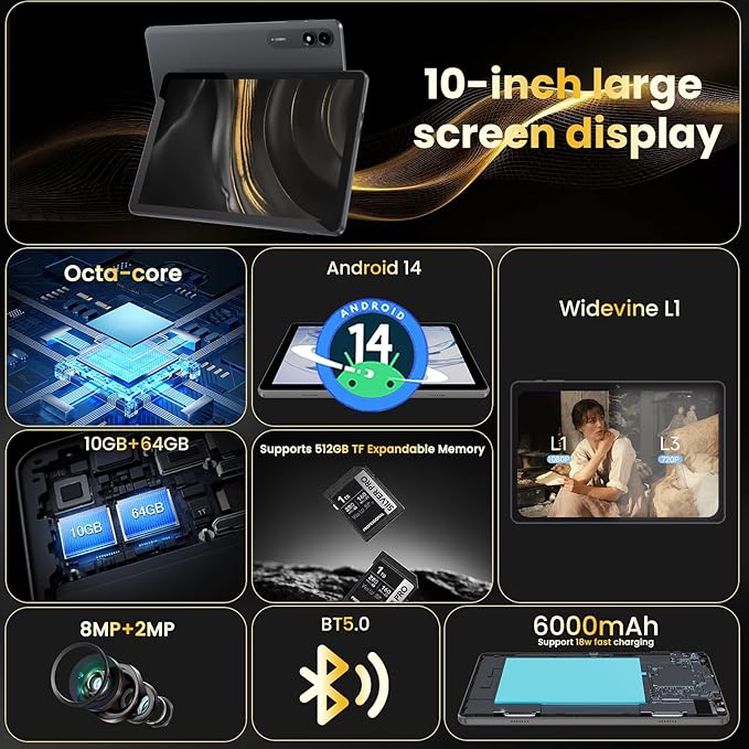 Android 14 Tablet,10 inch Tablets, Octa Core CPU, 10GB+64GB+512GB Expansion, 1280x800 Display Screen, Wi-Fi6, Dual Camera, 6000mAh Battery Tablet PC,Widevine L1 Google Kids Space