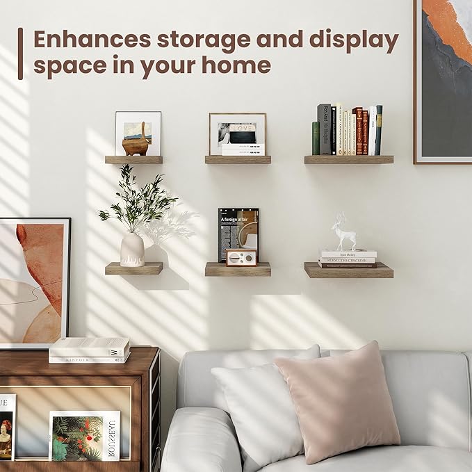 Fun Memories Floating Shelves for Wall - 7.5 Inch Square Shelves with Invisible Brackets, Small Wall Shelf for Living Room, Bathroom, Bedroom, and Kitchen Decor,Grey Set of 3
