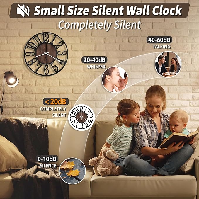 Maxstar Wall Clock Battery Operated,Silent Non-Ticking Modern Rustic Metal Round Clocks Small for Living Room/Bedroom/Office/Kitchen/Farmhouse Home Decor-14 Inch(Brown-Wood)
