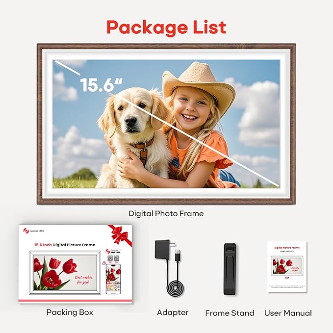 64GB Frameo 15.6" Digital Picture Frame Large 1920 x 1080 IPS FHD Touch Screen WiFi Electronic Photo Frames Share Moments Instantly Anywhere Best Gifts for Parents and Grandparents Brown Wood White