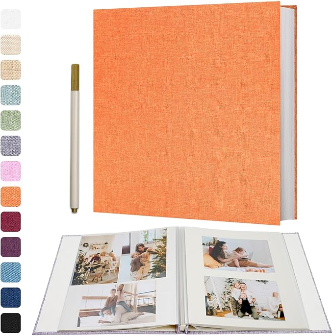 Vienrose Photo Album Self Adhesive 4x6 5x7 3x5 8x10 Scrapbook Album DIY Scrap Book with A Metallic Pen (11"x10.6" 60 Pages, Orange)