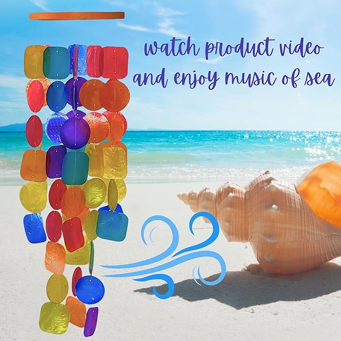 Bellaa 24841 Wind Chimes Outdoor, Garden Decorations, Musical, Indoor/Outside Windchimes, Beach, Ocean Breeze, Gifts for Mom, Gift for All Occasions, Capiz Sea Glass Shells Wood Pink Purple