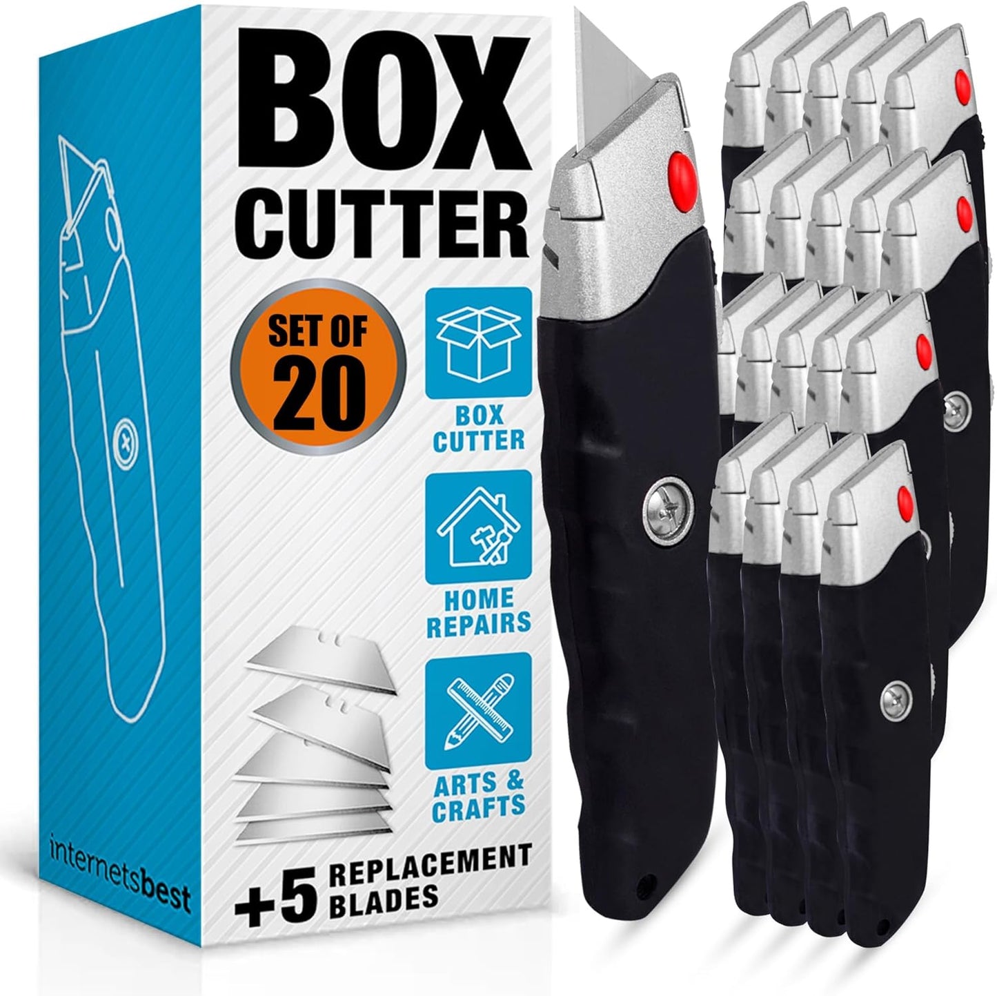 Internet's Best Premium Utility Knife - Set of 20 - Retractable Razor Knife Set â 5 Extra Blade Refills - Box Cutter Locking Razor Knife â Rubber Grip - Black