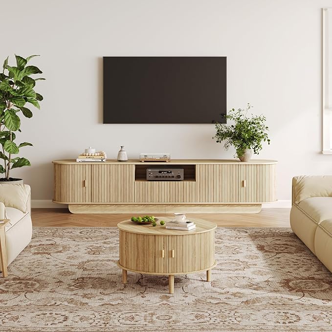 Round Coffee Table with Storage,Fluted Table with 360°Curved Sliding Doors,Solid Wood Legs, Mid Century Modern Center Table for Living Room,Apartment, Home Office,Oak,Natural