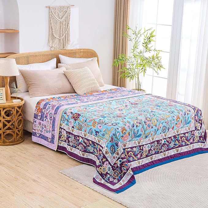 Fall Blanket for Bed, 100% Cotton Soft Rustic Boho Throw Blanket Quilt, 90"x98" Farmhouse Decor Bed Flower Blankets, Light Weight Reversible Bohemian Throw Quilt