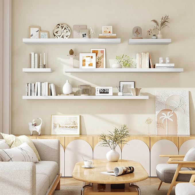 Fun Memories 72 Inch Floating Shelves for Wall, Fireplace Mantel Shelf with Invisible Heavy Duty Bracket, 8 Inch Deep Storage Shelf for Living Room, Kitchen, Farmhouse, White