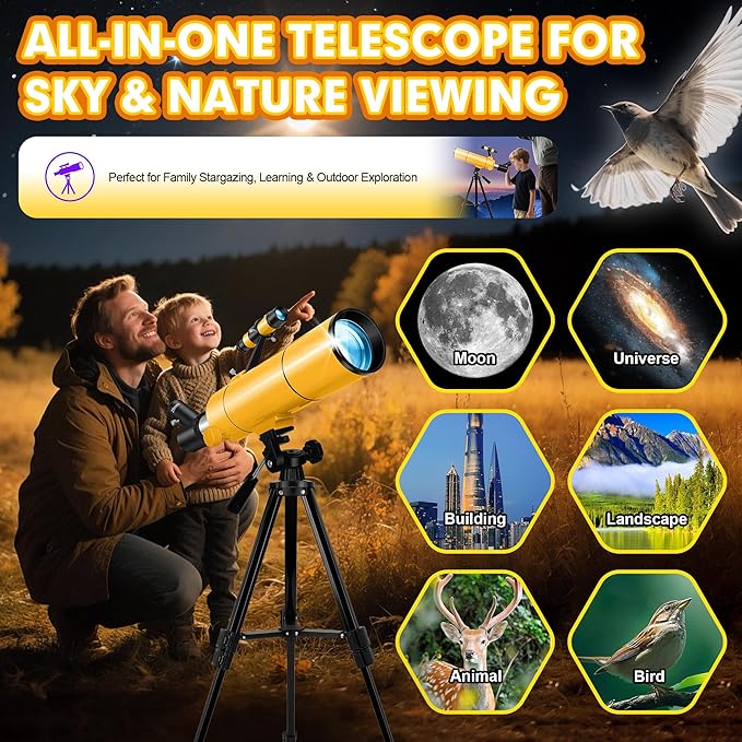 Telescope for Adults & Kids, 80mm Aperture 500mm Portable Refractor Telescope for Astronomy Beginners, Professional Travel Astronomical Telescopes with Tripod, Stickers, Phone Adapter, Backpack