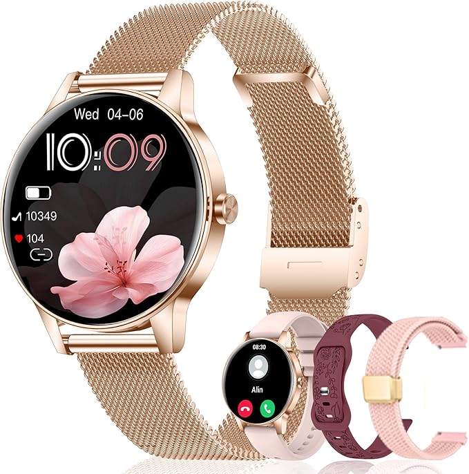 Smart Watch for Women, Answer/Make Call,1.27'' Touchscreen, 120+ Sports Modes Fitness Tracker, 24H Heart Rate/SpO2/Sleep/Menstrual Cycle/IP68 Fitness Watch for Android iOS, 4 Straps (Rose Gold)