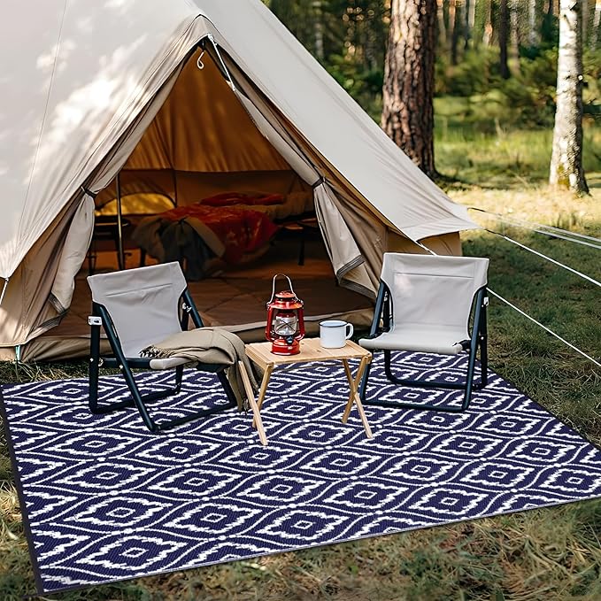 OLANLY Outdoor Rug 6x9 ft Waterproof, Outdoor Plastic Straw Rug with Geometric Pattern Clearance, Reversible RV Mat for Patio, Camping, Balcony, Deck, Backyard, Navy & White