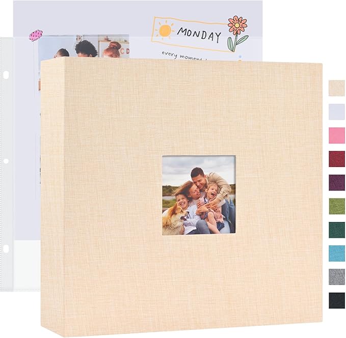 Mublalbum 12x12 Inch DIY Scrapbook Photo Album with 40 Plastic Sleeves 80 Pages Linen Cover 3 Ring Folder Binder for Wedding Baby Family and DIY Projects (Beige)