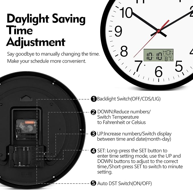 12" Digital Wall Clock with Temp Week Switchable Time and Perprtual Calendar on LCD Display, Silent Battery Operated Analog Clock for Bedroom Classroom Office Garage (Black)