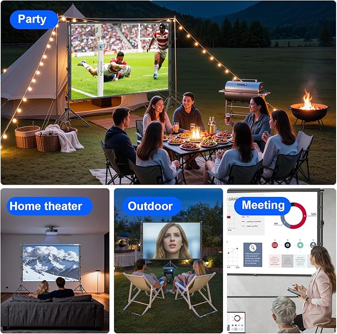 Outdoor Projector Screen with Stand, 150 inch Portable Projection Screen Wrinkle-Free 16:9 4K HD Rear Front Movie Screen with Carry Bag for Indoor Home Theater, Camping and Backyard Entertainment