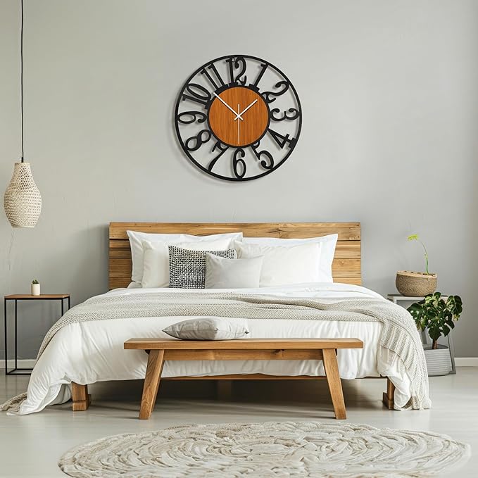 Maxstar Large Round Wall Clock for Living Room Decor Battery Operated Non Ticking Black Metal Wood Clocks for Home Living Room Garden Office Kitchen Decoration -24 inch