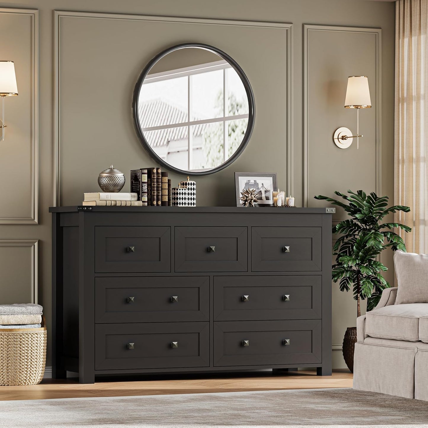 7-Drawer Dresser, Modern Wooden Storage Chest of Drawers, Dresser TV Stand, Wood Drawer Organizer with Metal Handles for Bedroom, Living Room, Hallway