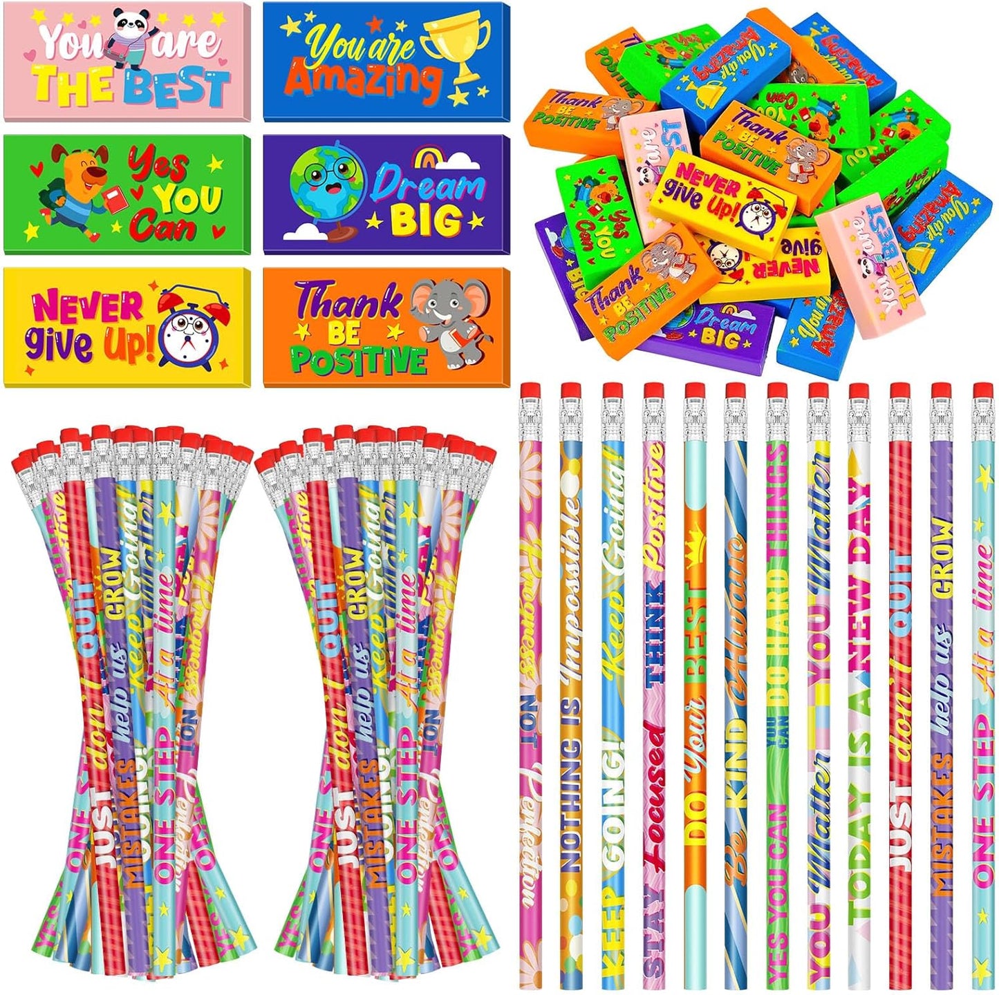 Cinrobiye 100 Pcs Inspirational Pencils with Erasers for Kidsï¼Motivational Pencil Erasers Bulk Back to School Gifts Supplies Party Favor Goody Bag Fillers for Students Classroom Teacher Prizes Reward