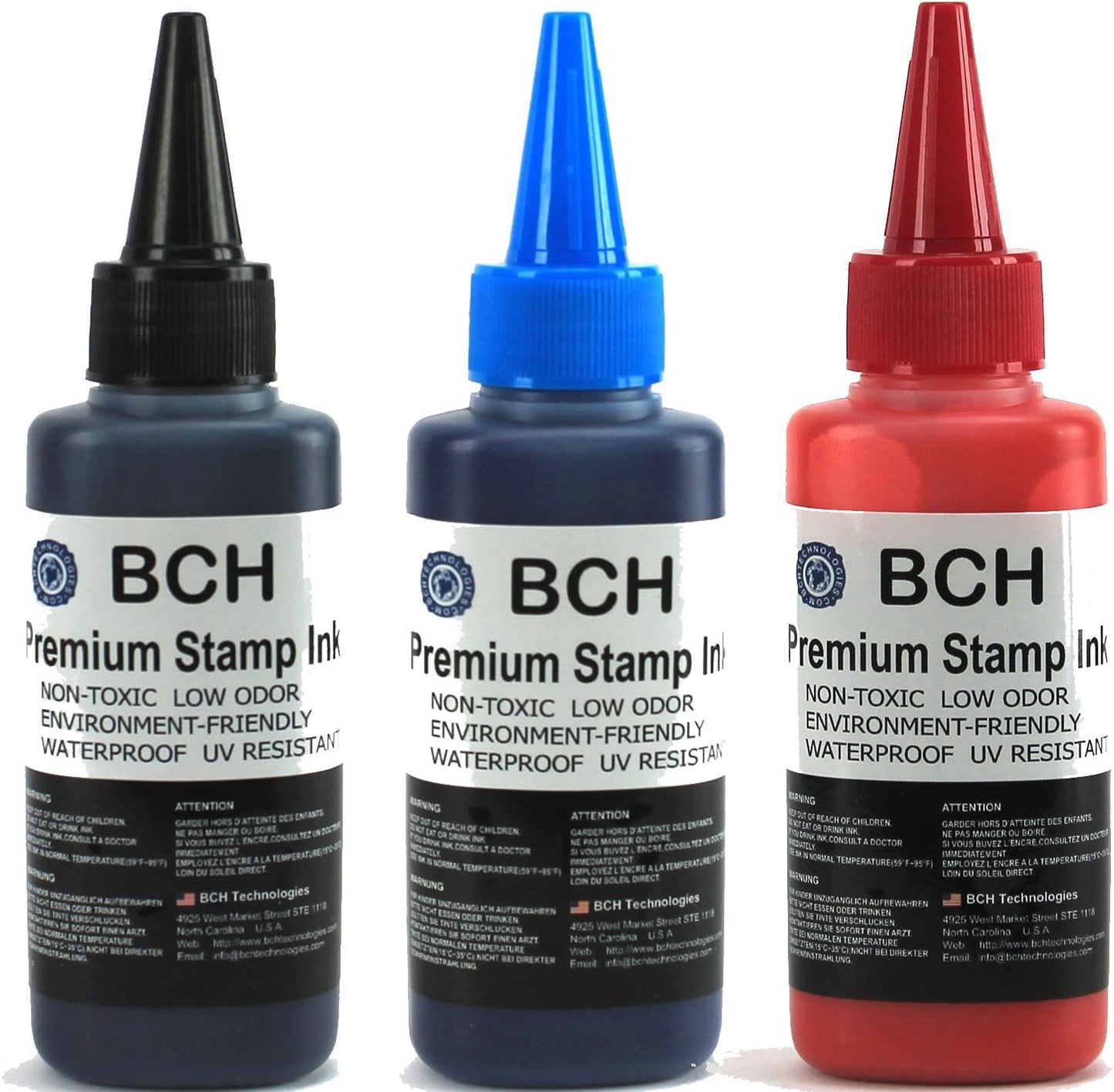BCH Premium Stamp Ink Refill â Black, Blue & Red Ink Colors â Long-Lasting, Quick-Drying, Waterproof Ink Refill for Rubber & Self-Inking Stamps â 75 ml Each Bottle (225 ml Total)