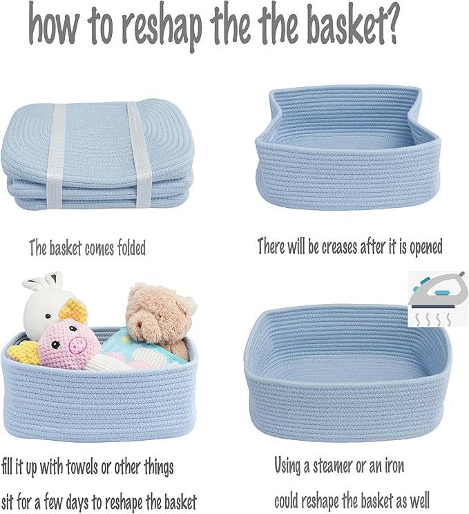 Small Woven Storage Baskets 12“X8”X5“ Decorative Rope Bins for Organizing Shelves, Closets, and Toys, Empty Gift Baskets, Cute Organizer Basket for Home and Office (blue, regular)