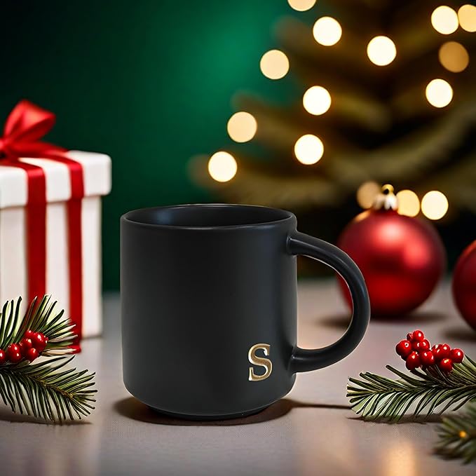 COLLECTIVE HOME - Black Monogram Ceramic Mugs, 15 oz Golden Initial Coffee Cups, Elegant Alphabet Tea Mugs, Personalized Halloween Mug with Gift Box, Perfect for Office and Home Décor (s)