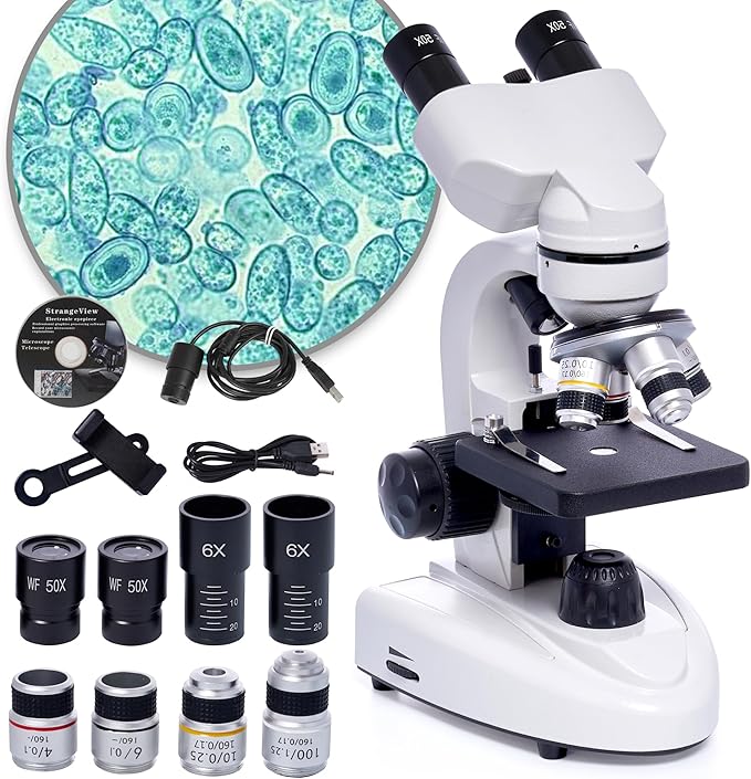 SELFIE CAT Laboratory Microscope for School, Binocular Compound Microscope 200X-5000X Magnification for Adults, Microscopes Kit with Electronic Eyepieces and Wide Field Lab Equipment
