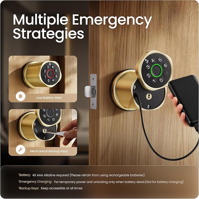 Leydebong 4-in-1 Smart Door Lock with Fingerprint and Keypad - Keyless Entry Electronic Lock with App Control and Mechanical Key - Easy Installation Door Knob with Code in Satin Brass